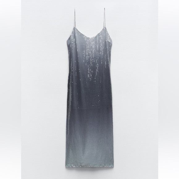 Zara Silver OMBRE Sequin Midi Dress Open Back spaghetti straps Slit size XS NWT - Picture 10 of 16